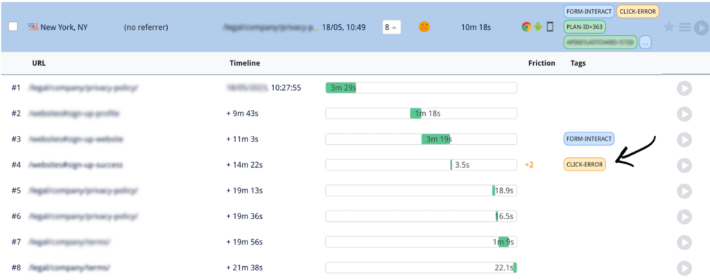 Looking at all pages in the session in Mouseflow's interface to spot where the friction event has happened