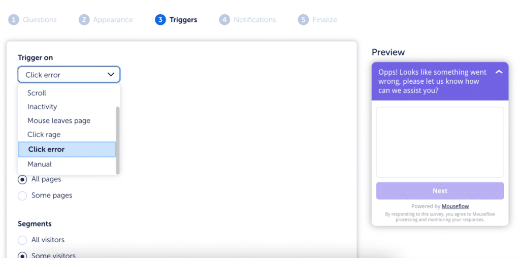 You can trigger surveys on various events, including click-rage and click-errors