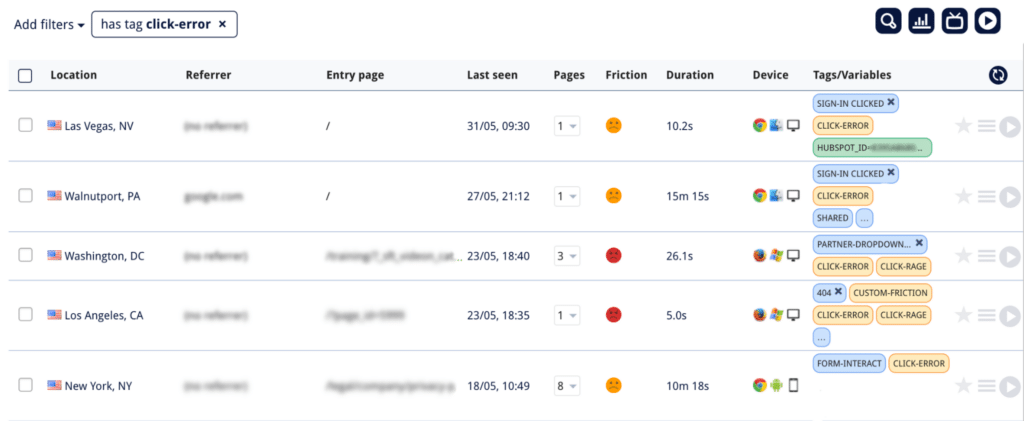 All sessions with click-error filtered out in Mouseflow's interface