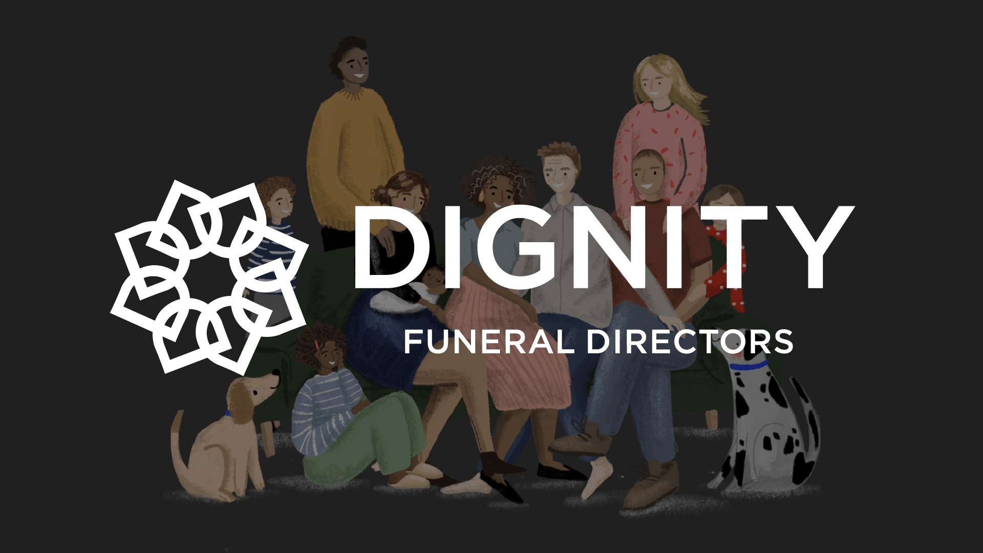 Header image for Dignity case study, showing a bunch of cartoon-style characters, Dignity's logo, and the words Dignity Funeral Directors on top of it all