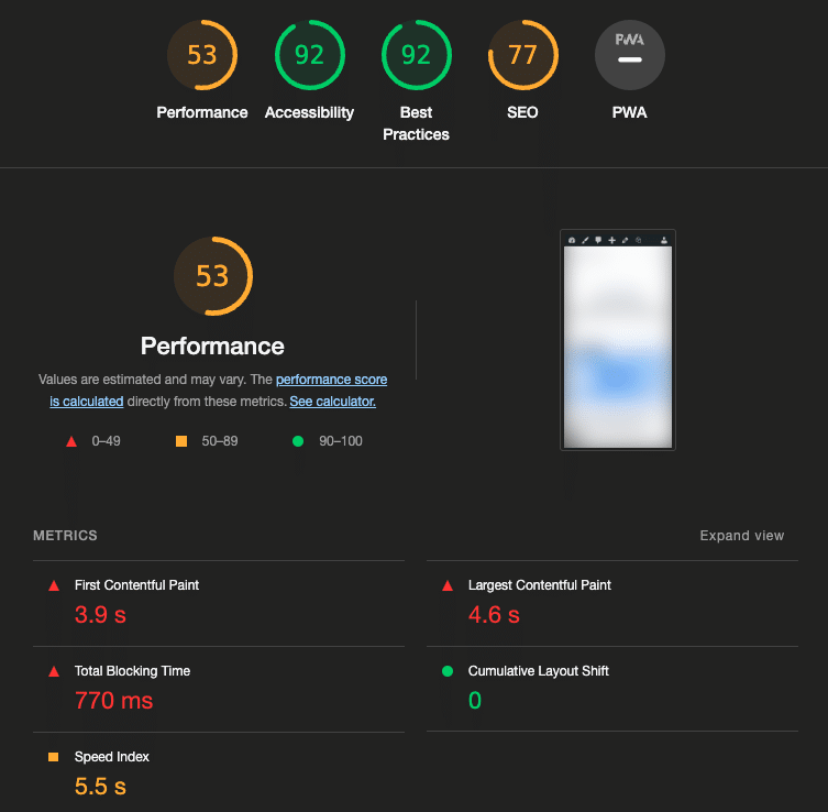 Screenshot of Google Lighthouse showing key metrics for a web page, including Core Web Vitals