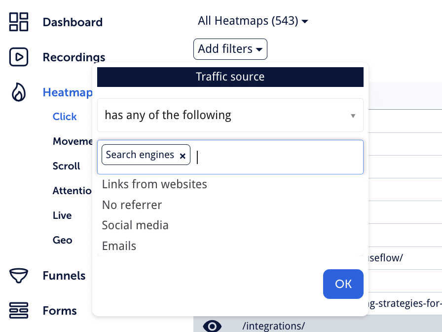 Filtering out traffic coming from search engines in Mouseflow can provide you with an opportunity to analyze what's special about these visitors' behavior