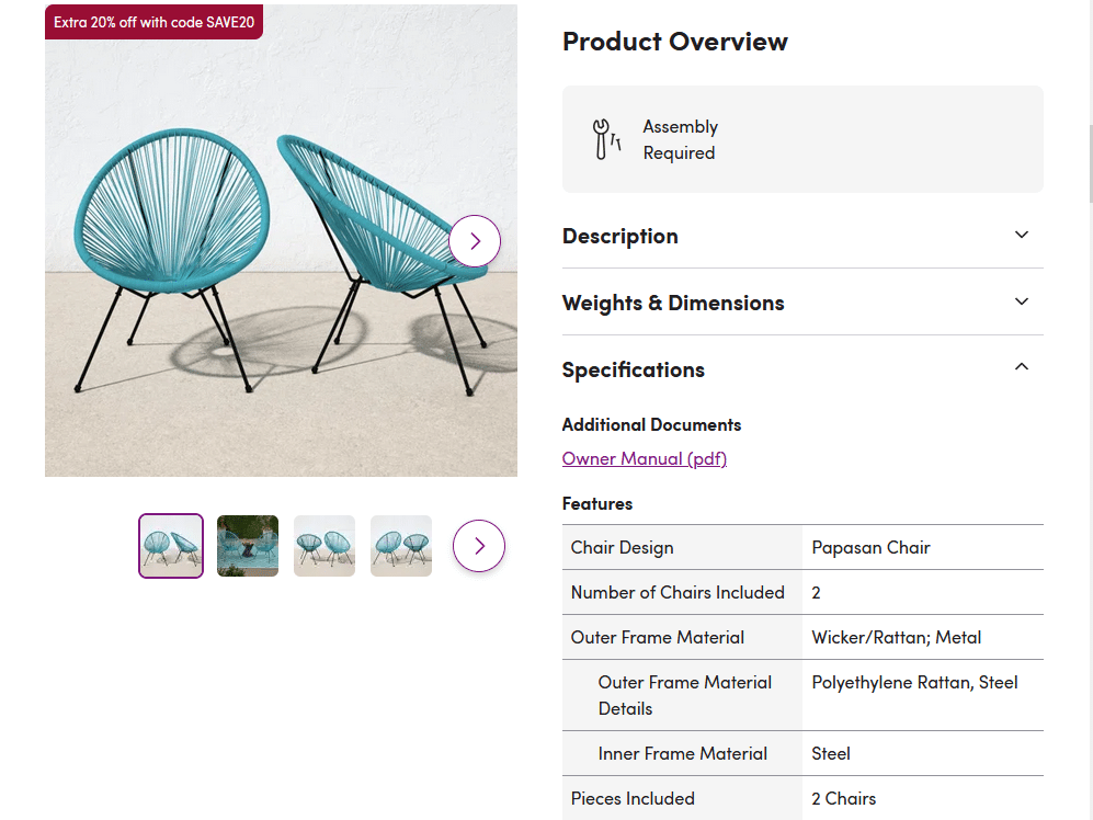 Example: Wayfair provides in-depth and well-organized product descriptions, including specifications, technical information, and attachments. The customer has the most common questions answered quickly, reducing the need for pre-sales support. Source.