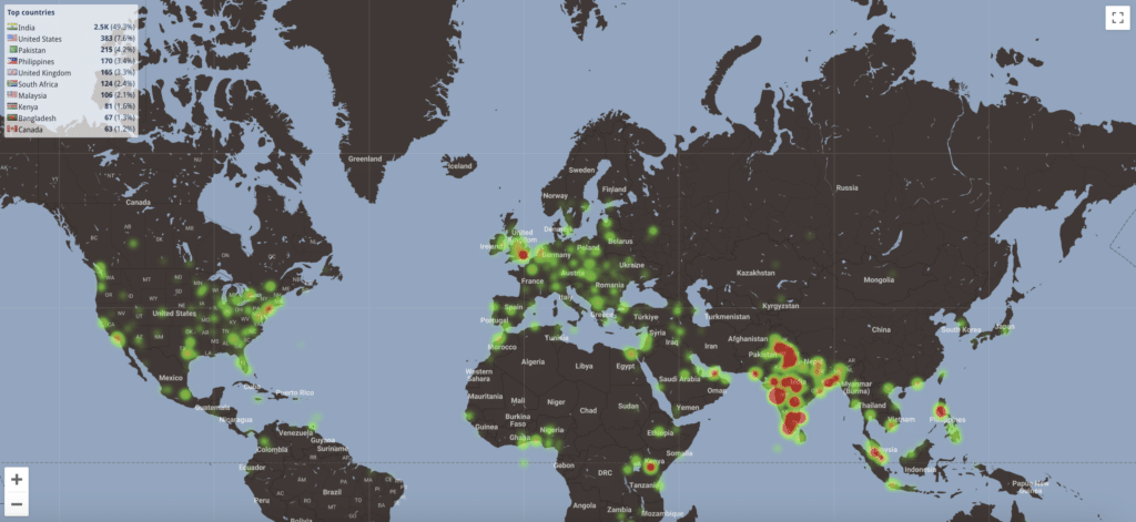 A geographical heatmap for one of Mouseflow's blog posts clearly shows that this particular blog post is very popular in India.