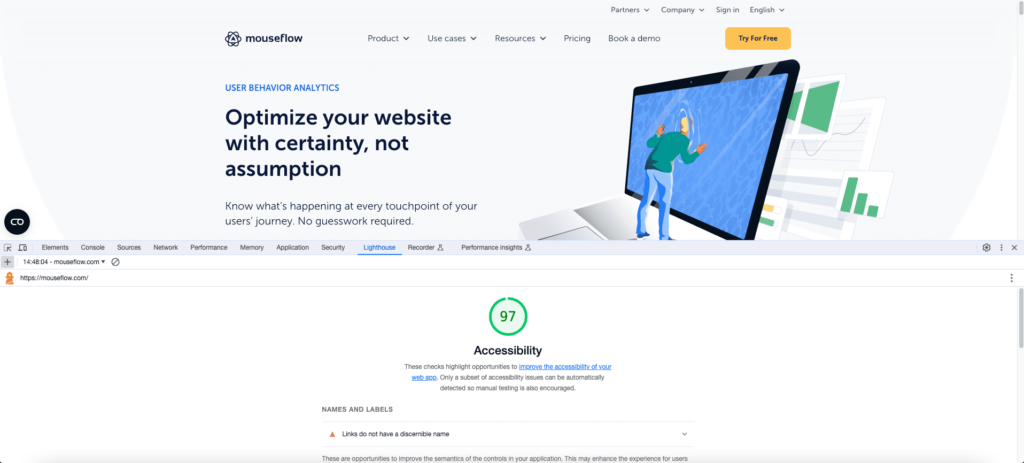 A screenshot showing the lighthouse accessibility score for the mouseflow website is 97.