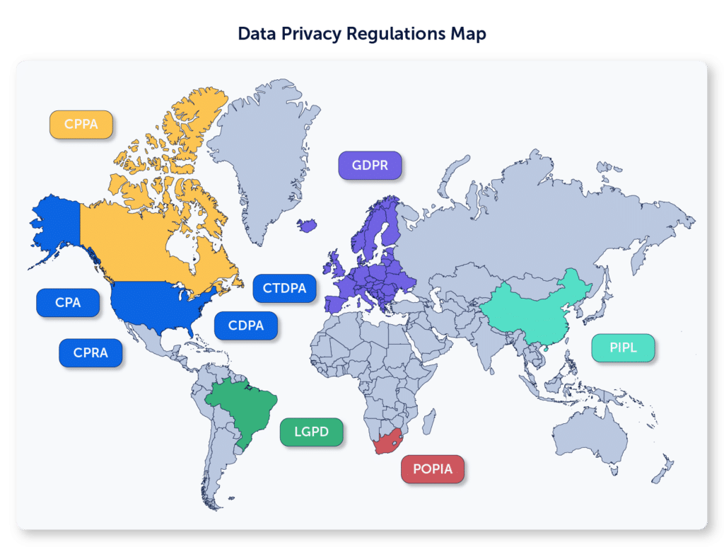 Data Privacy Regulations Map. The image depicts a world map with different countries painted different colors, and relevant data protection initiatives named next to them: GDPR near Europe, CCPA and other near the US, POPIA next to South Africa, etc.