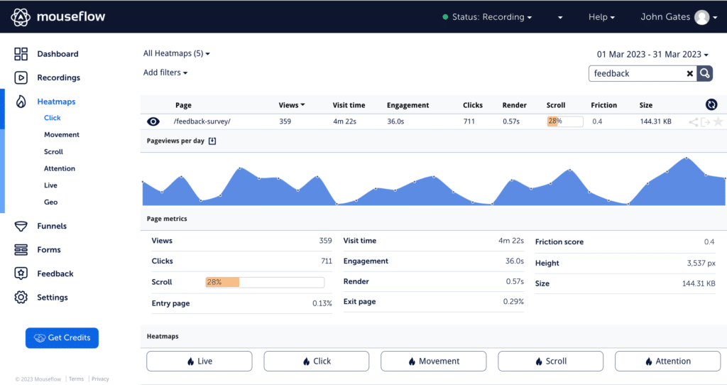 Mouseflow's Heatmap feature can offer average visit time per page