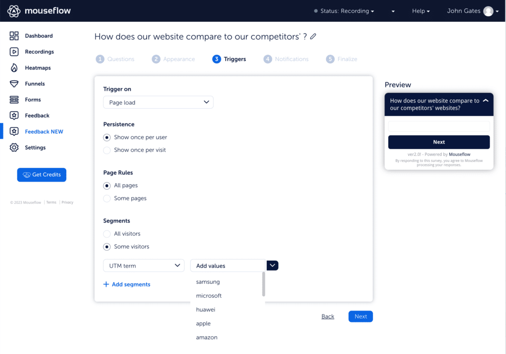 You can use Mouseflow to trigger feedback surveys on UTM term parameters