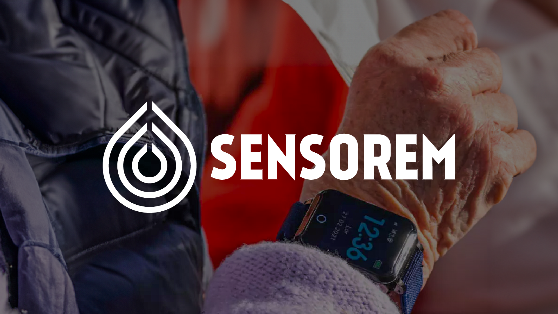 Sensorem case study header image, showcasing the safety alarm on a hand of an elderly man, and their logo