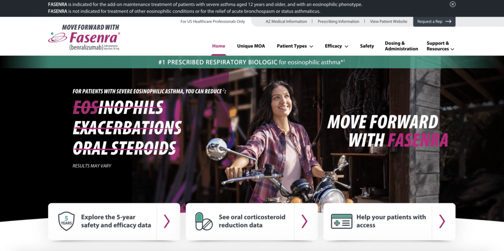AstraZeneca’s Fasenra website for HCPs. Its contents are completely different from those of the patient website, and it focuses on the three key CTAs relevant for HCPs.