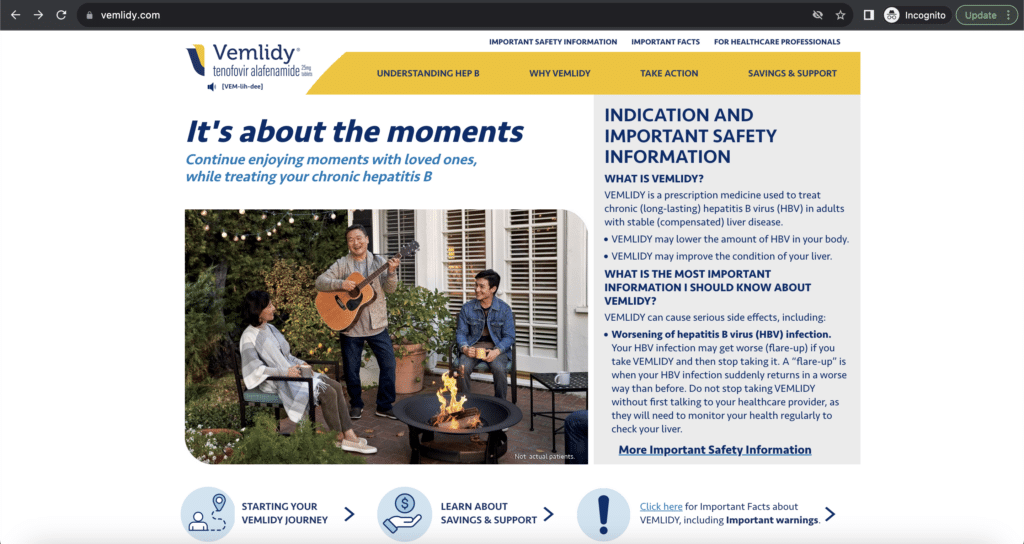 Gilead’s website about Vemlidy medication for patients. The key message of both text and image is pretty clear and touches on what is important to the patients – continuing to live as normal.