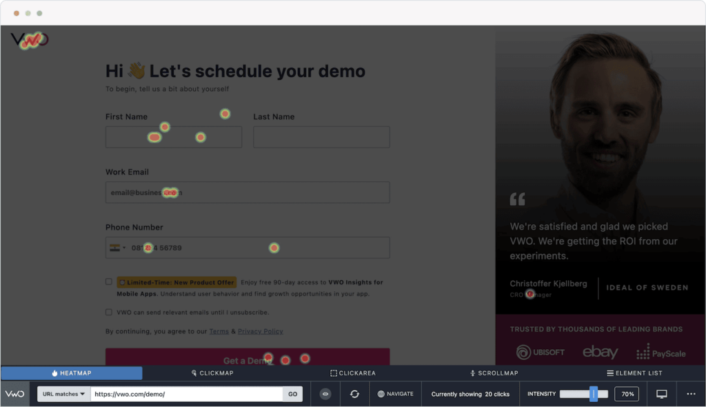 VWO Insights heatmap screenshot. Source: G2